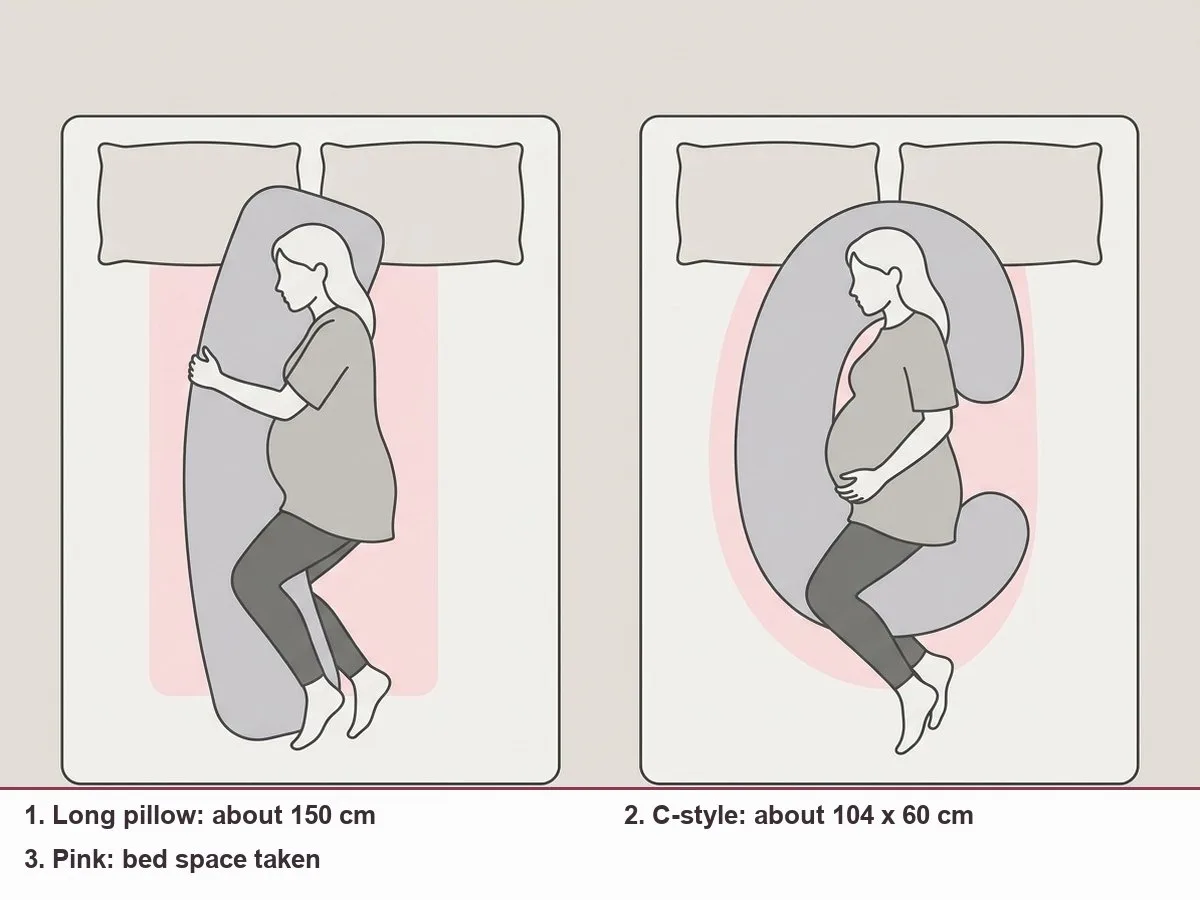 Top-down illustration of a queen bed with two outlines: a long body-hugging pillow about 150 cm and a shorter wide C-shaped pillow about 104 by 60 cm, showing how much bed each takes