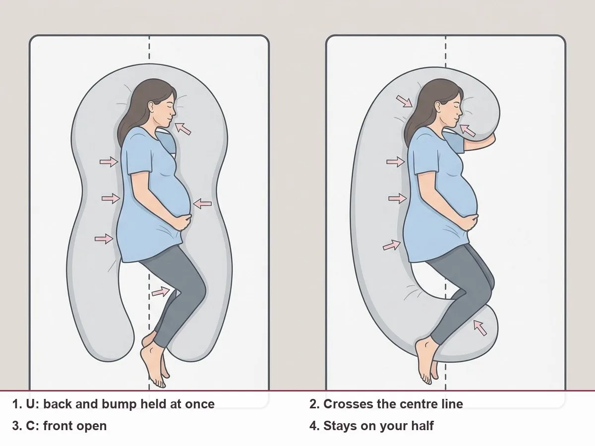 Top-down diagram of two pregnancy pillows on half of a queen bed: a wide U-shaped pillow with an hourglass inner curve spilling past the centre line, and a narrower C-shaped pillow staying inside its 