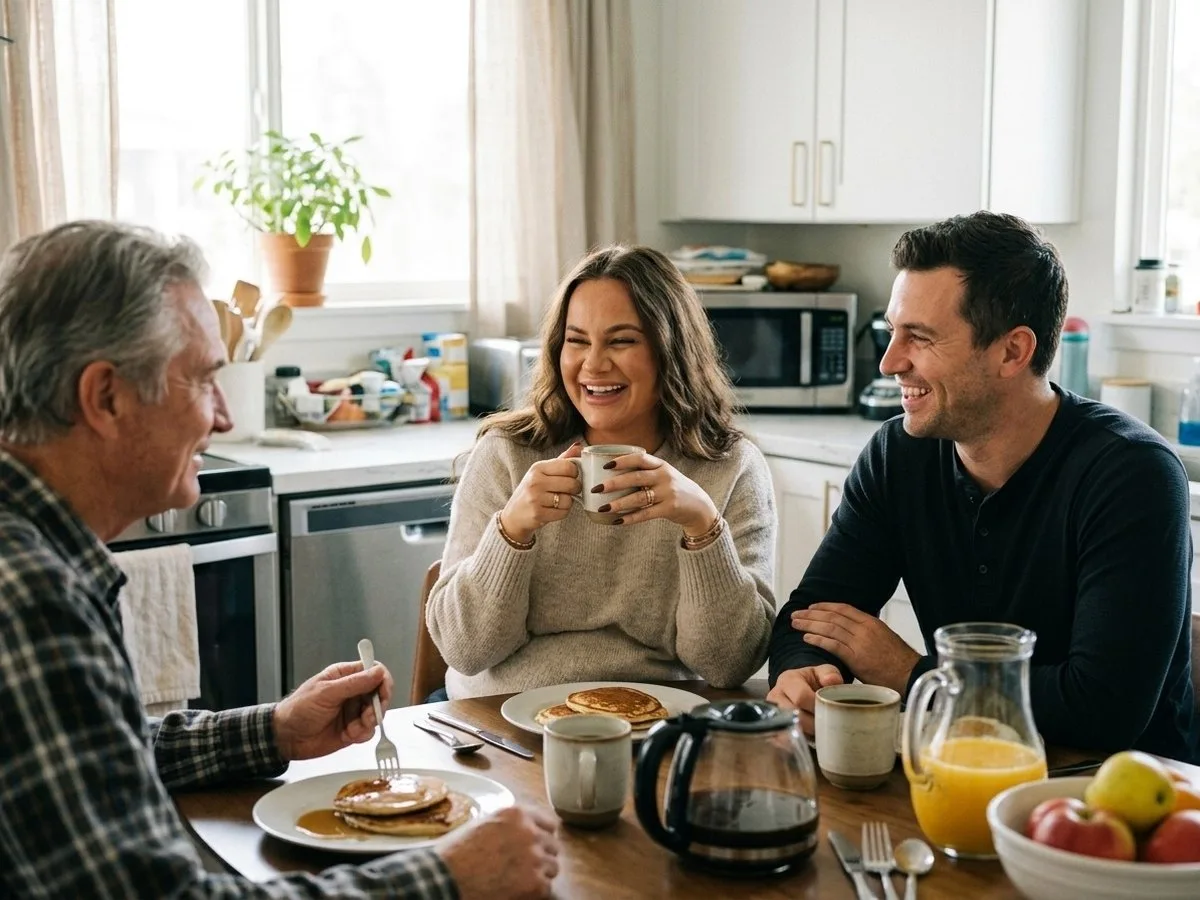 Bright morning, a rested pregnant woman laughing at a family breakfast table in her parents' kitchen, her partner beside her