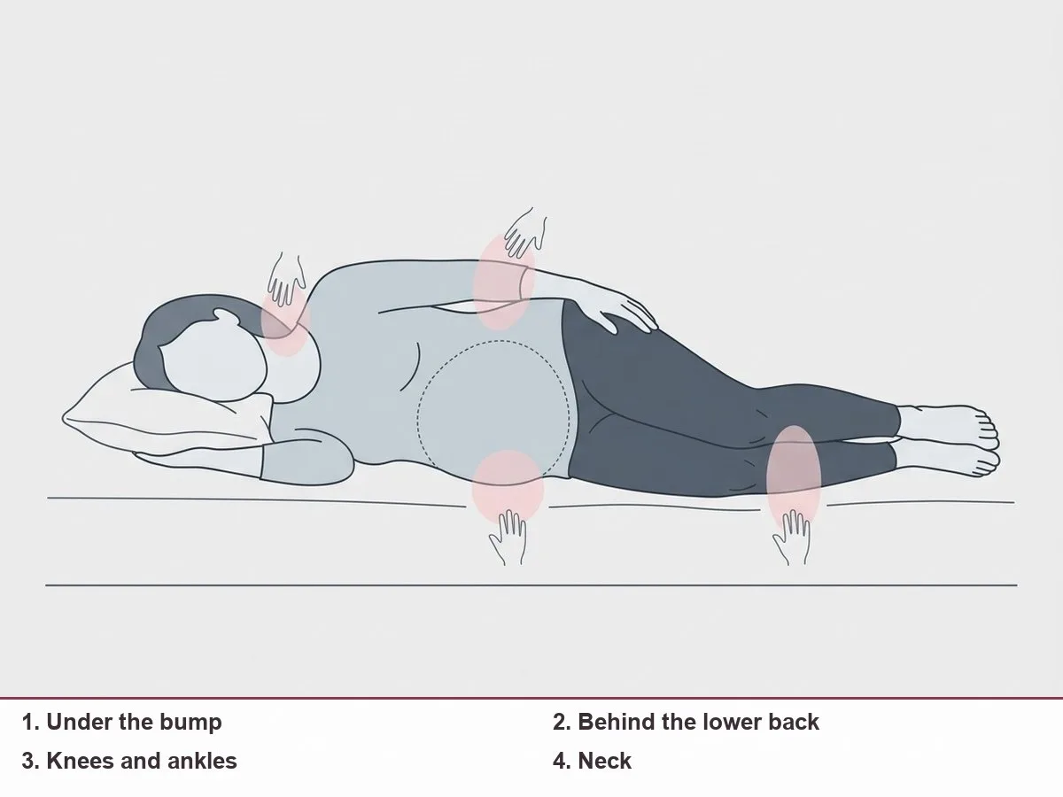Illustration of a side-lying pregnant woman with five support points marked: under the bump, behind the lower back, between knees and ankles, under the neck