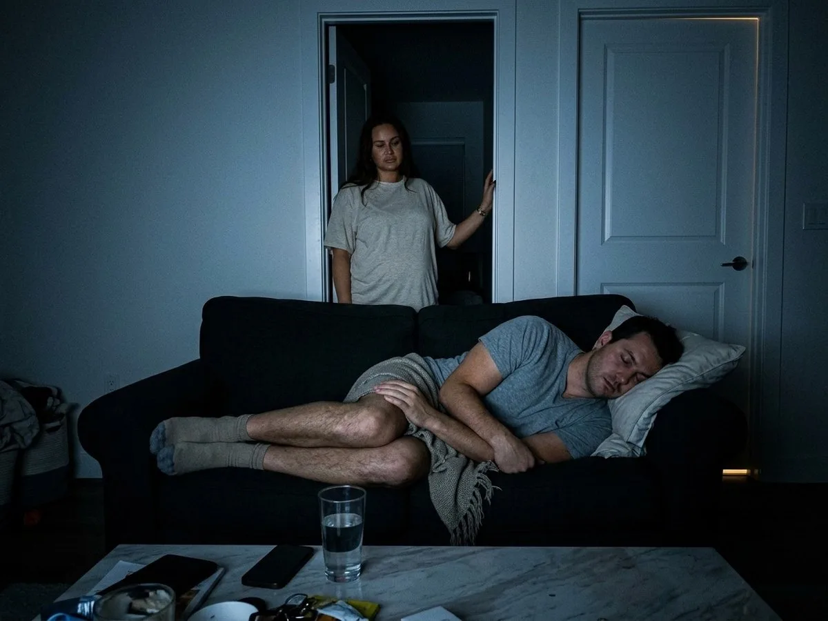 Night, a man asleep on a living-room couch under a small throw, a bedroom door open behind him