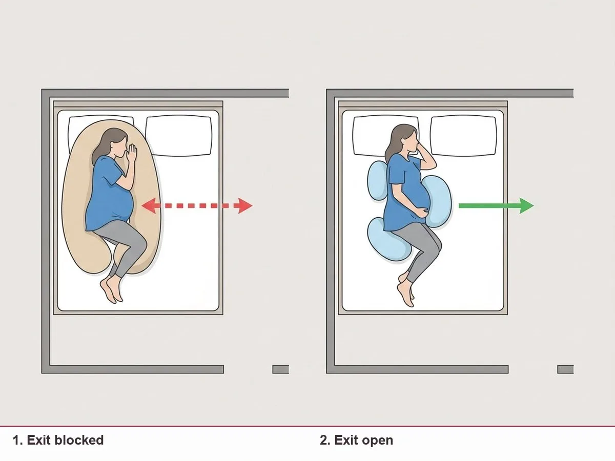 Top-down illustration of a bed against a wall showing a pregnant sleeper, support pieces placed behind her on the wall side, and a clear arrow path from her side of the bed to the floor