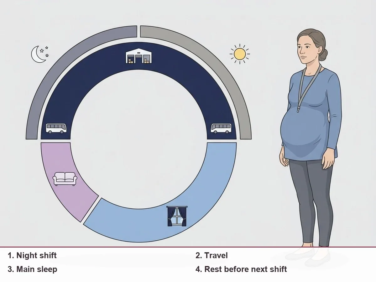 Illustration of a 24-hour circle showing a night shift block, two short travel segments, a protected day sleep block with blackout curtains, and a short rest before the next shift