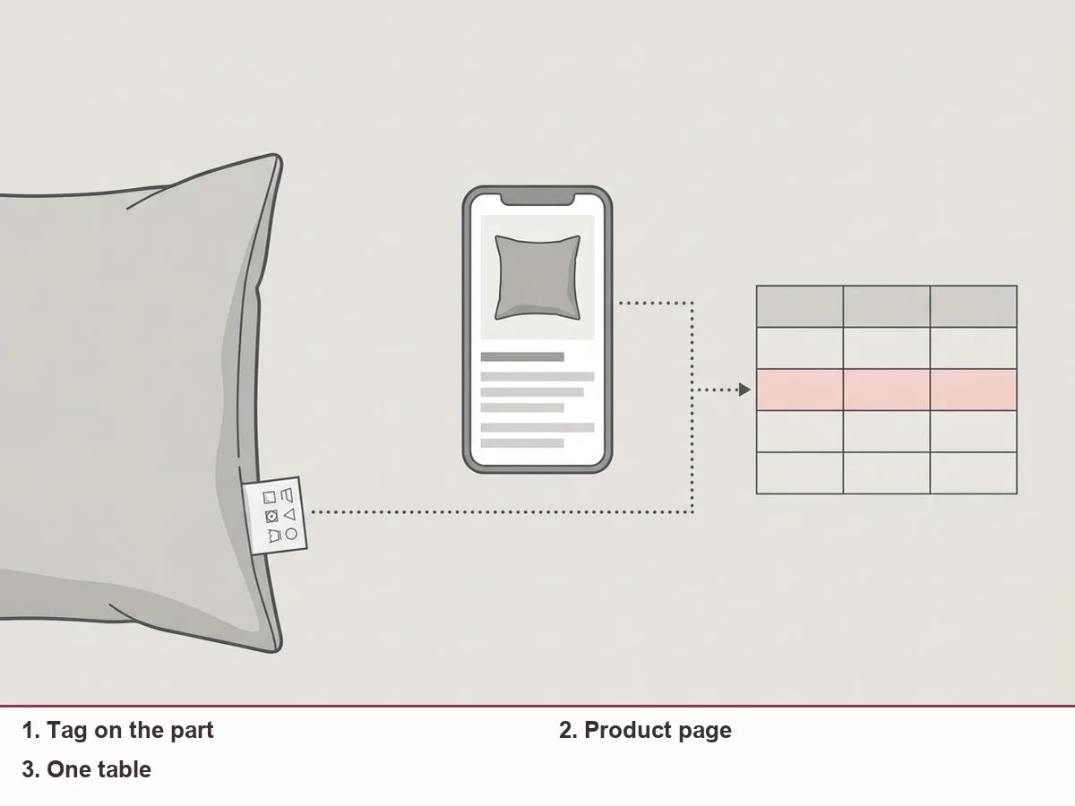 Illustration comparing a sewn-in fabric care tag and a phone showing a product page, with lines leading to a small table of rows