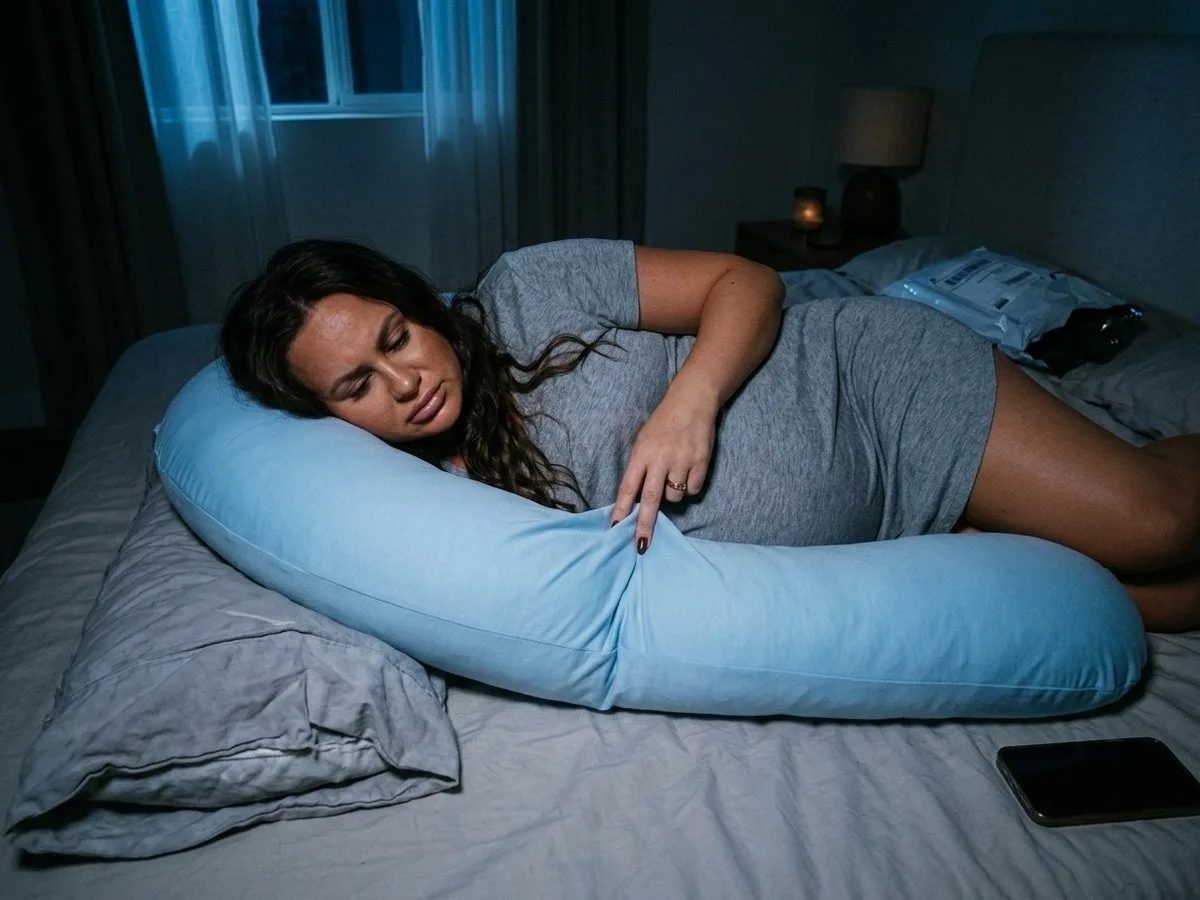 Pregnant woman lying awake at night on a curved pregnancy pillow in a new cover, pressing at a stiff fold near her bump with a frown