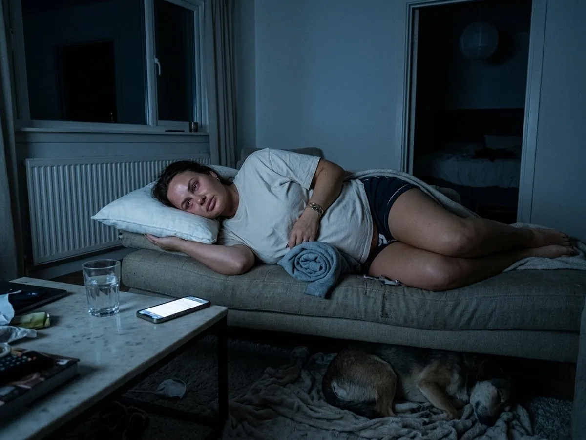 Night, pregnant woman lying awake on a living room couch under a throw blanket, a rolled hoodie under her bump instead of a pillow