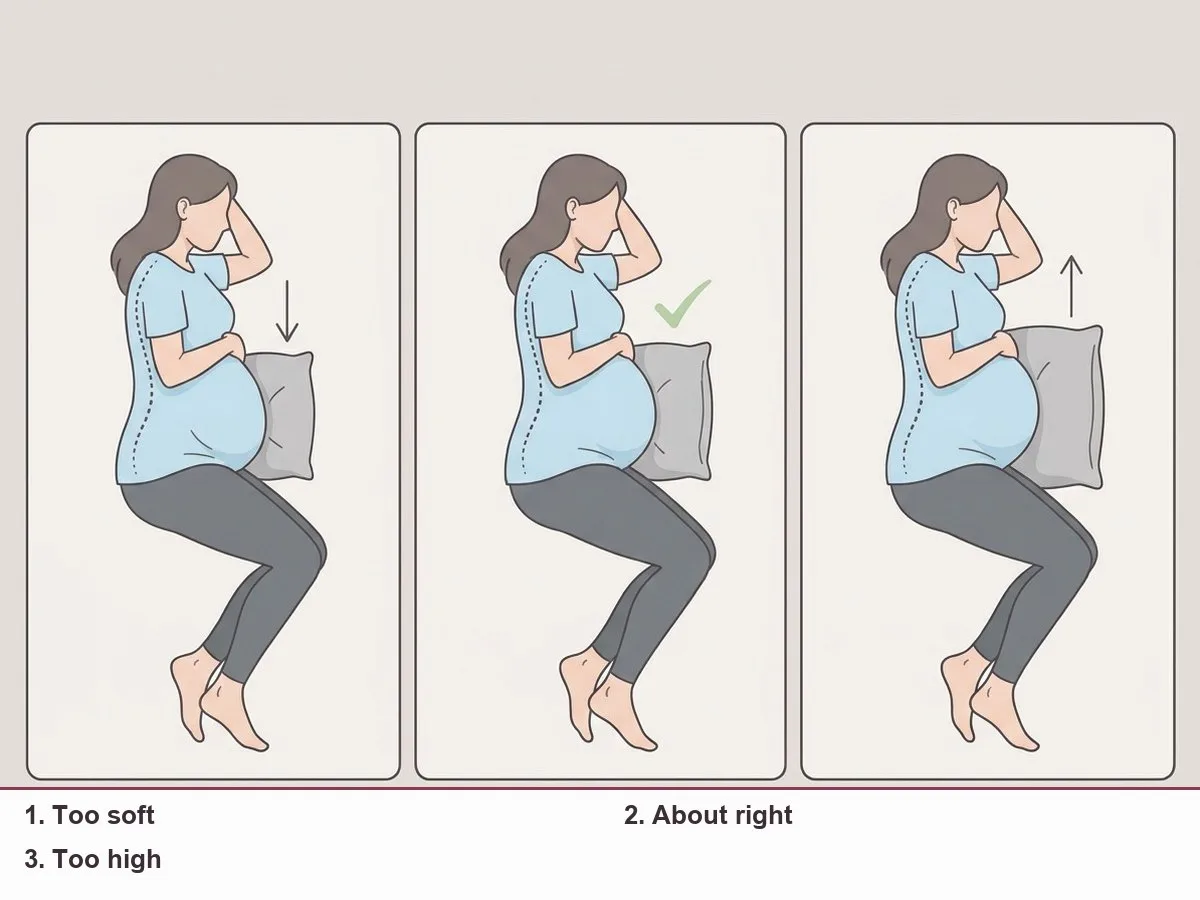 Three side views of a pregnant woman on her side: bump sinking into a too-soft pillow, bump level on a right pillow, bump pushed up by a too-high pillow