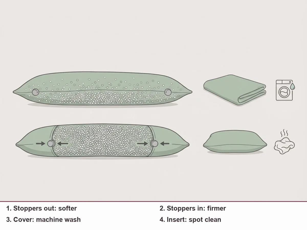Illustration of one long bead-filled pillow with sliding stoppers at each end, shown loose and soft on top and pulled tight and firm below, with a removable cover beside it