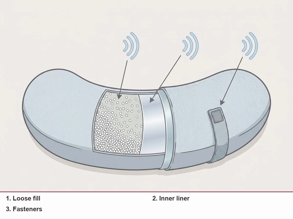 Illustration of a pregnancy pillow with three sound sources marked: loose fill inside, an inner liner and a fastener