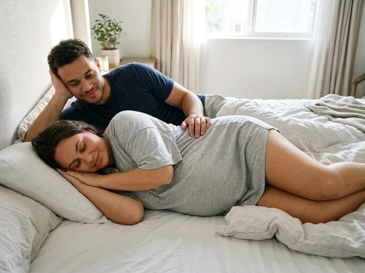 Morning sun, pregnant woman still peacefully asleep on her side, smiling slightly, while her partner looks at her fondly