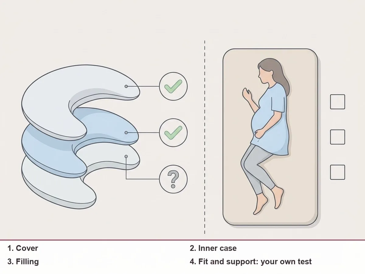 Diagram of a side pillow split into cover, inner case and filling, each part with its own empty badge slot, next to a separate bed-and-body checklist