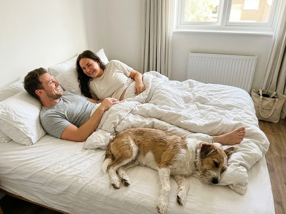 Sunny Saturday morning, smiling pregnant woman waking up next to her partner in a queen bed with a dog asleep across their feet