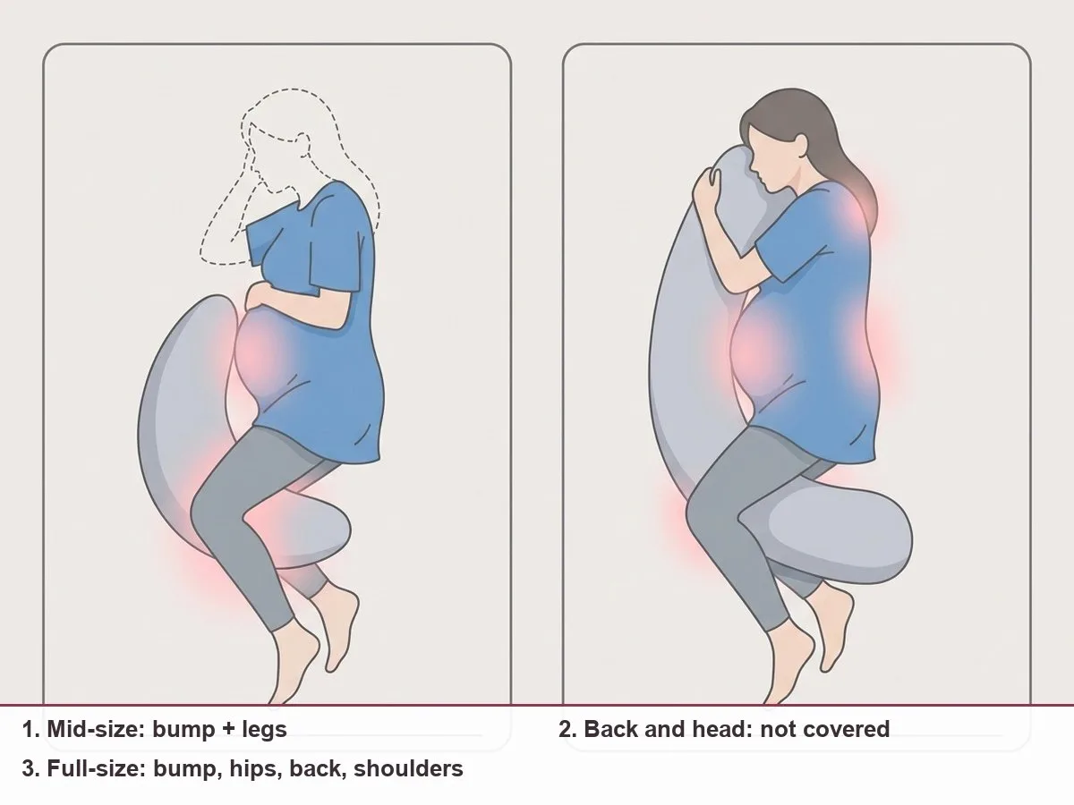 Two side-view illustrations of a pregnant woman on her side: one with a mid-size curved pillow highlighting two zones, bump and legs, and one with a full-size curved pillow highlighting bump, hips, lo
