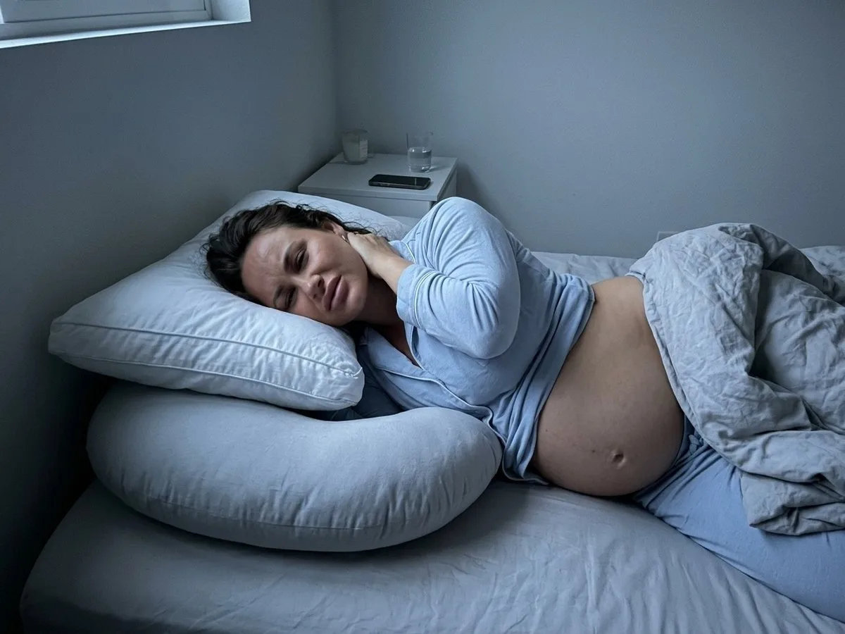 Early morning, pregnant woman lying on her side on a J-shaped pillow with a thick pillow stacked on top, head tipped up, hand on her stiff neck