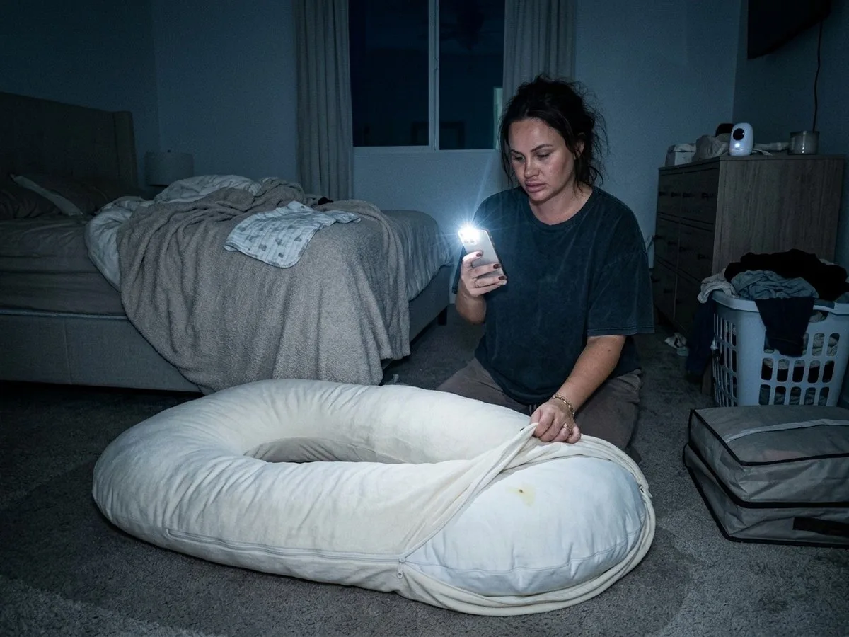 Woman at night photographing a large U-shaped pregnancy pillow on the bedroom floor for a resale listing, a mark visible on the unzipped inner