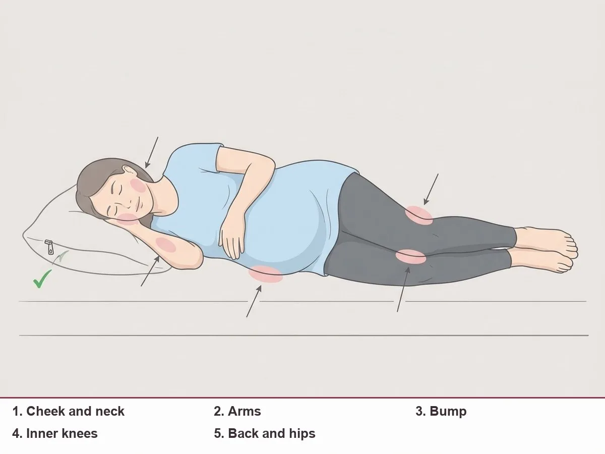 Illustration of a side-lying pregnant woman with five skin contact zones marked against a pillow: cheek, arms, bump, inner knees, back
