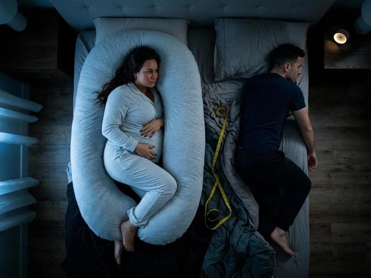 Night, top view of a queen bed where a large oval pregnancy pillow fills one side and the partner sleeps on the very edge with an arm hanging off