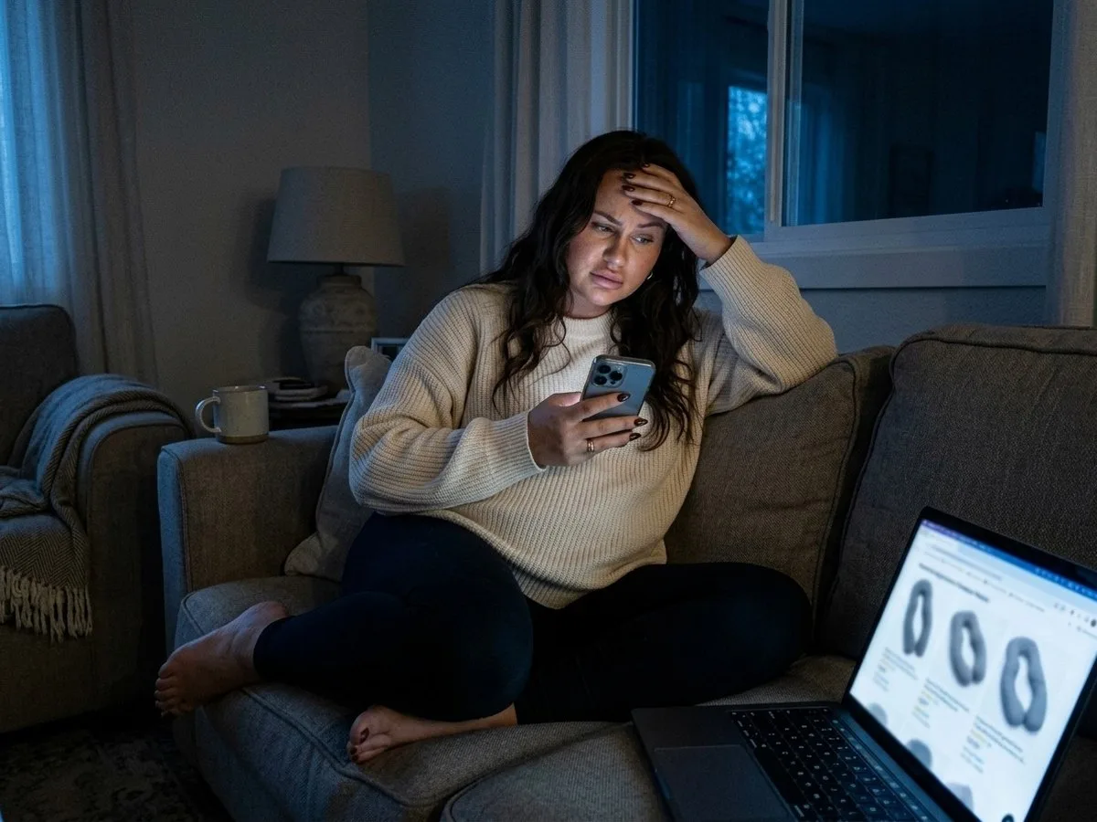 Tired pregnant woman on the couch at night looking at a phone full of near-identical long grey pillow photos, a laptop with more tabs beside her