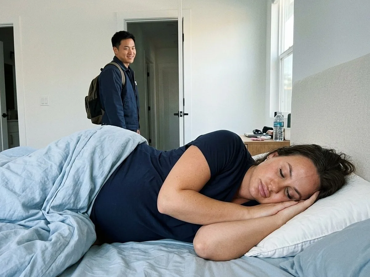Early morning, a man in work clothes smiles from the bedroom doorway at his pregnant partner sleeping peacefully on her side