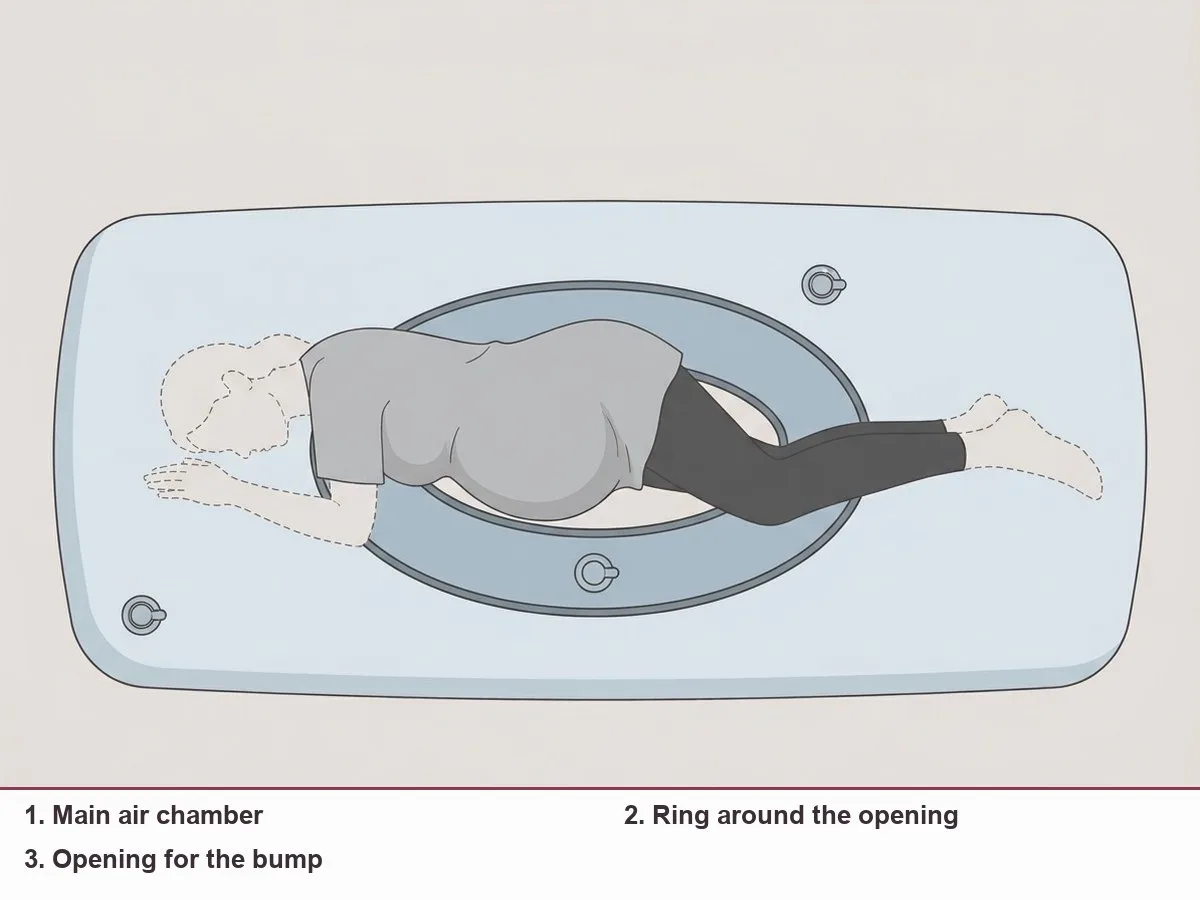 Illustration of a large inflatable pillow seen from above with an oval opening in the middle, an inner ring around the opening and a separate outer chamber