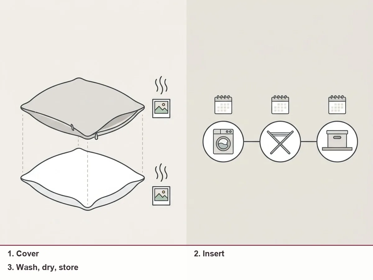 Illustration of a pillow split into its cover and insert, each with a small smell icon and photo frame, next to a simple timeline of wash, dry and storage