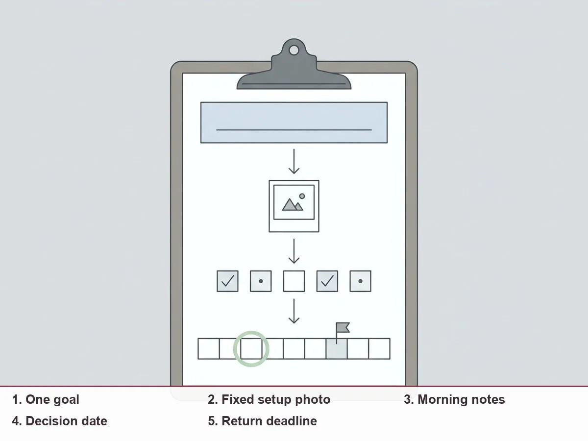 Illustration of a simple trial sheet: a goal line, a row of nights with marks, a decision date circled before a return deadline on a calendar