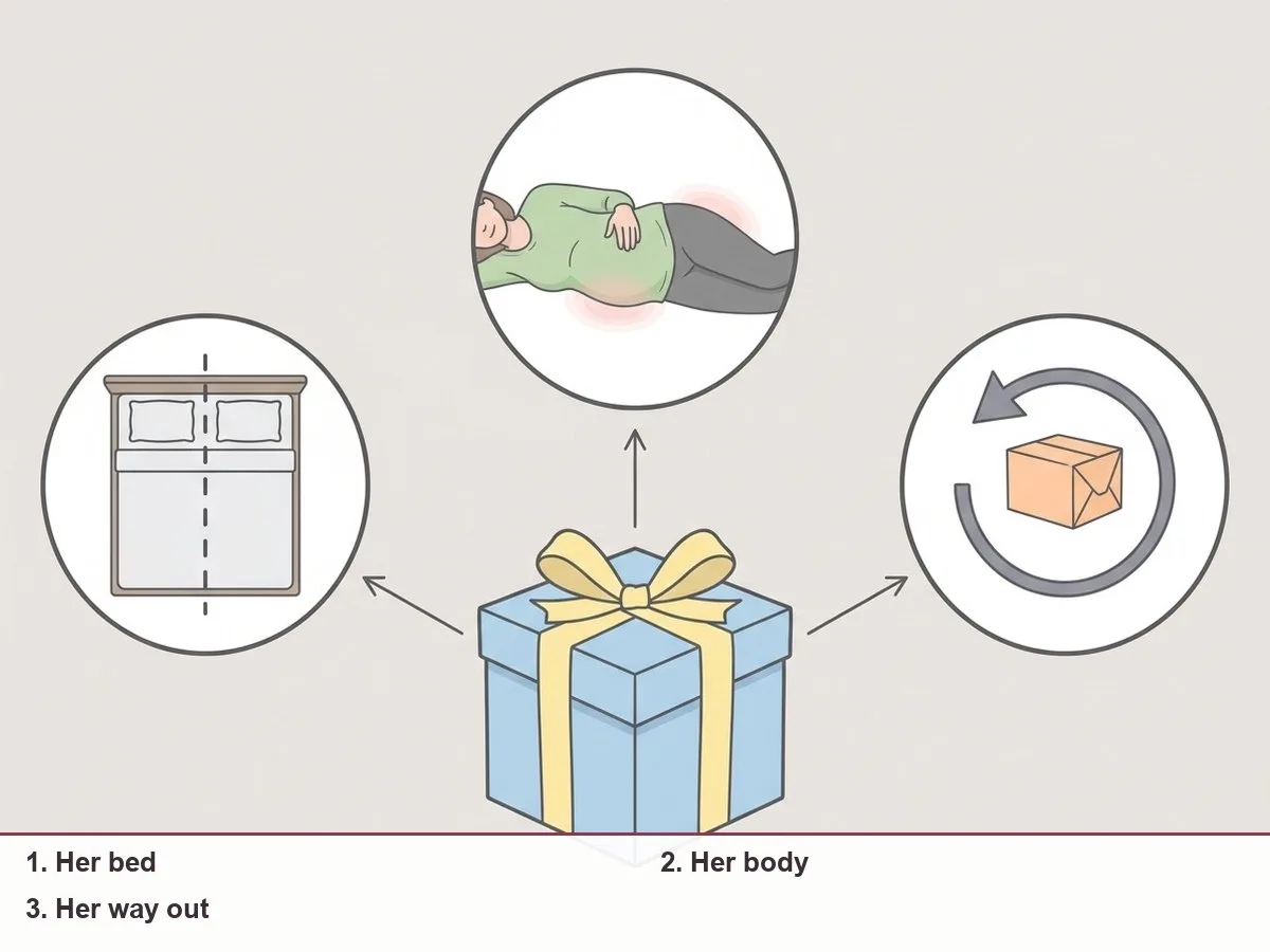 Illustration of a gift box with three small icons around it: a bed seen from above, a body outline with highlighted zones, and a return arrow