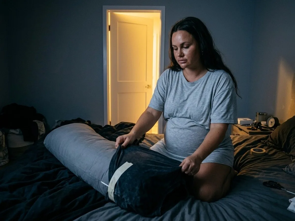 Pregnant woman at night smoothing an old T-shirt over her pillow as a barrier, a roll of tape on the nightstand