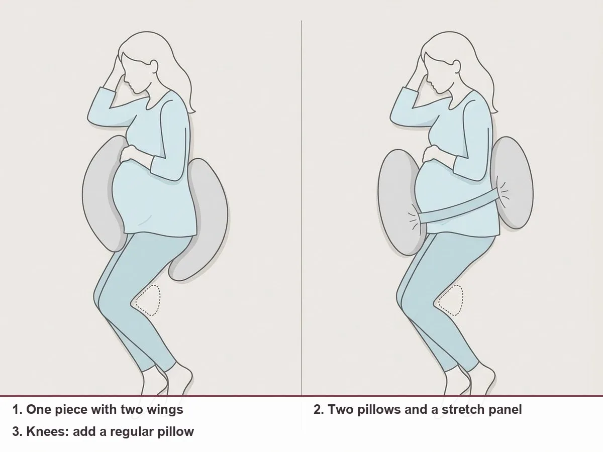 Diagram comparing a one-piece winged pillow around a side-lying woman with two pillows joined by a stretch panel under her
