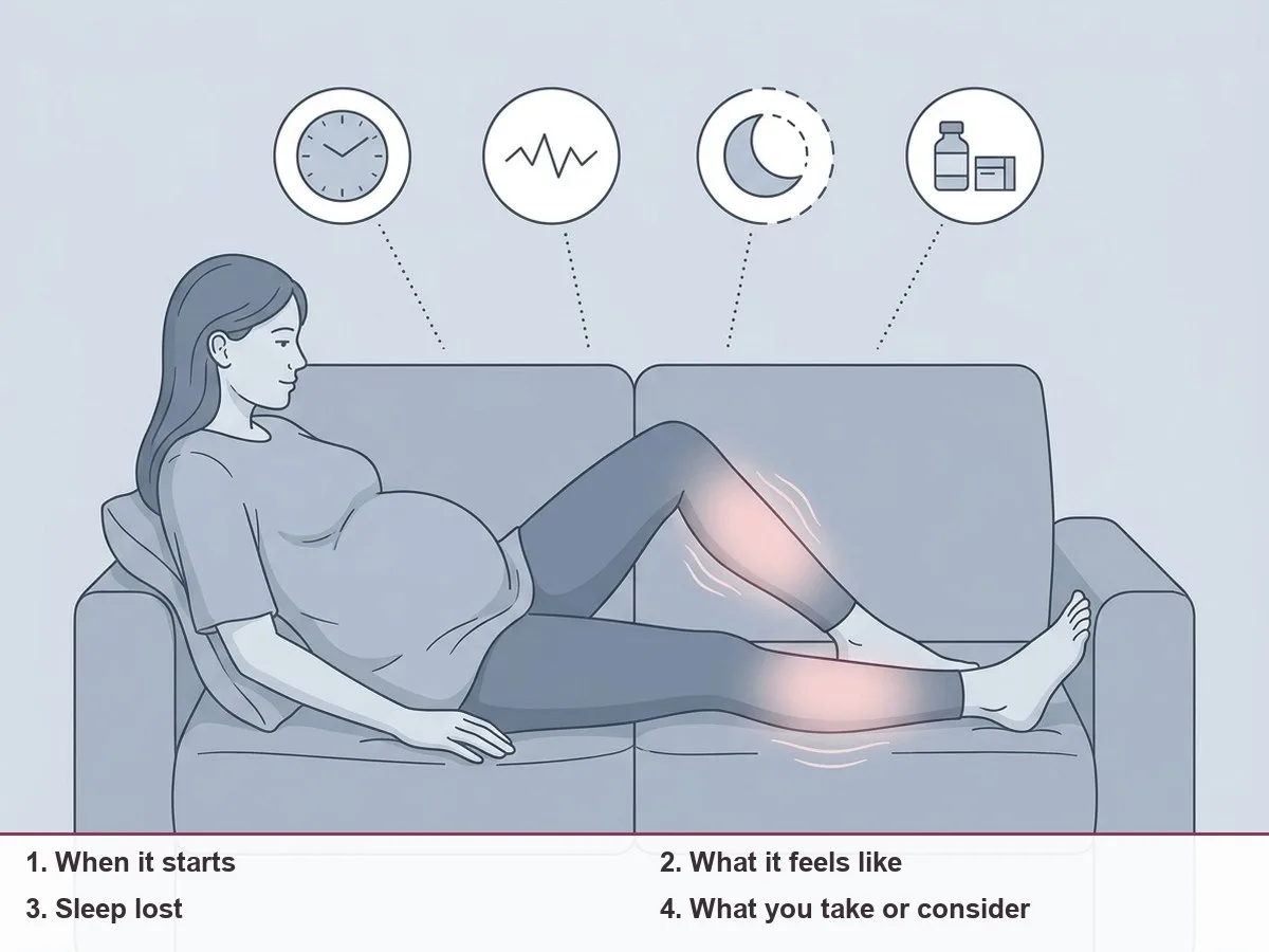 Illustration of a pregnant woman resting on a couch in the evening with her lower legs highlighted and four small symbols for timing, feeling, sleep lost and items to ask about