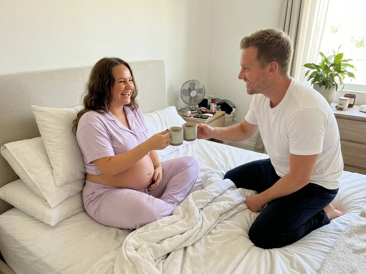 Sunny morning, rested pregnant woman laughing in bed as her partner brings two mugs of coffee
