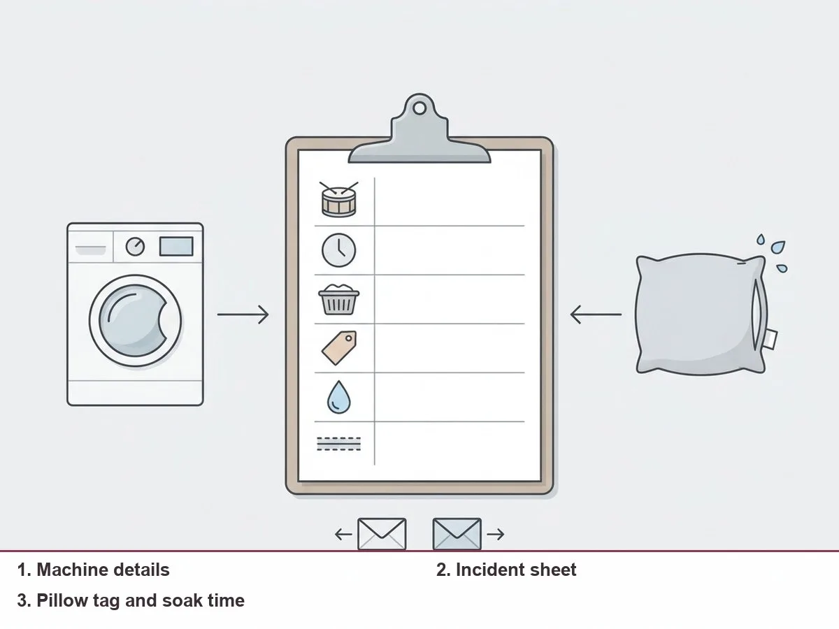 Illustration of an incident sheet clipboard linked to a washing machine on one side and a pillow with a care tag on the other
