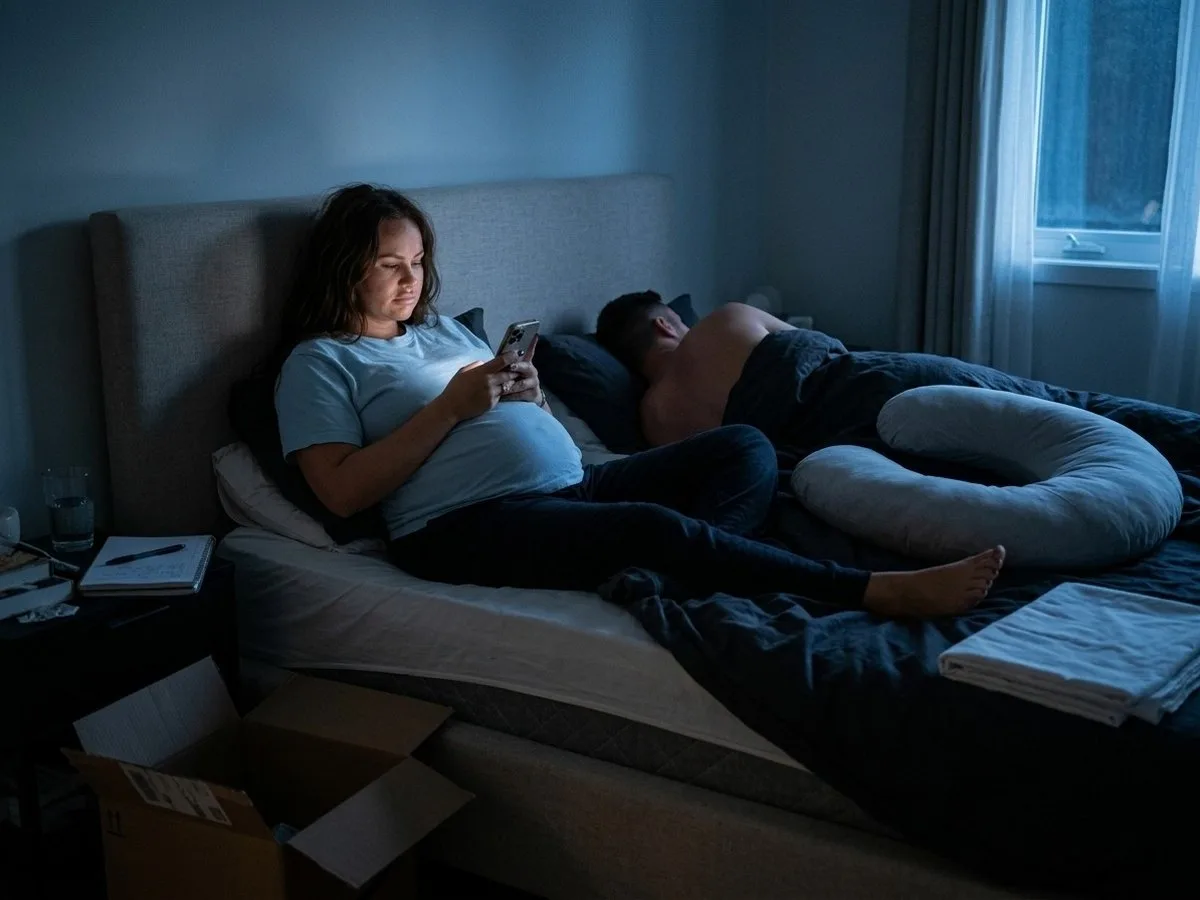 Pregnant woman awake in bed at night looking at a calendar on her phone, a new pregnancy pillow pushed aside and sheets half changed