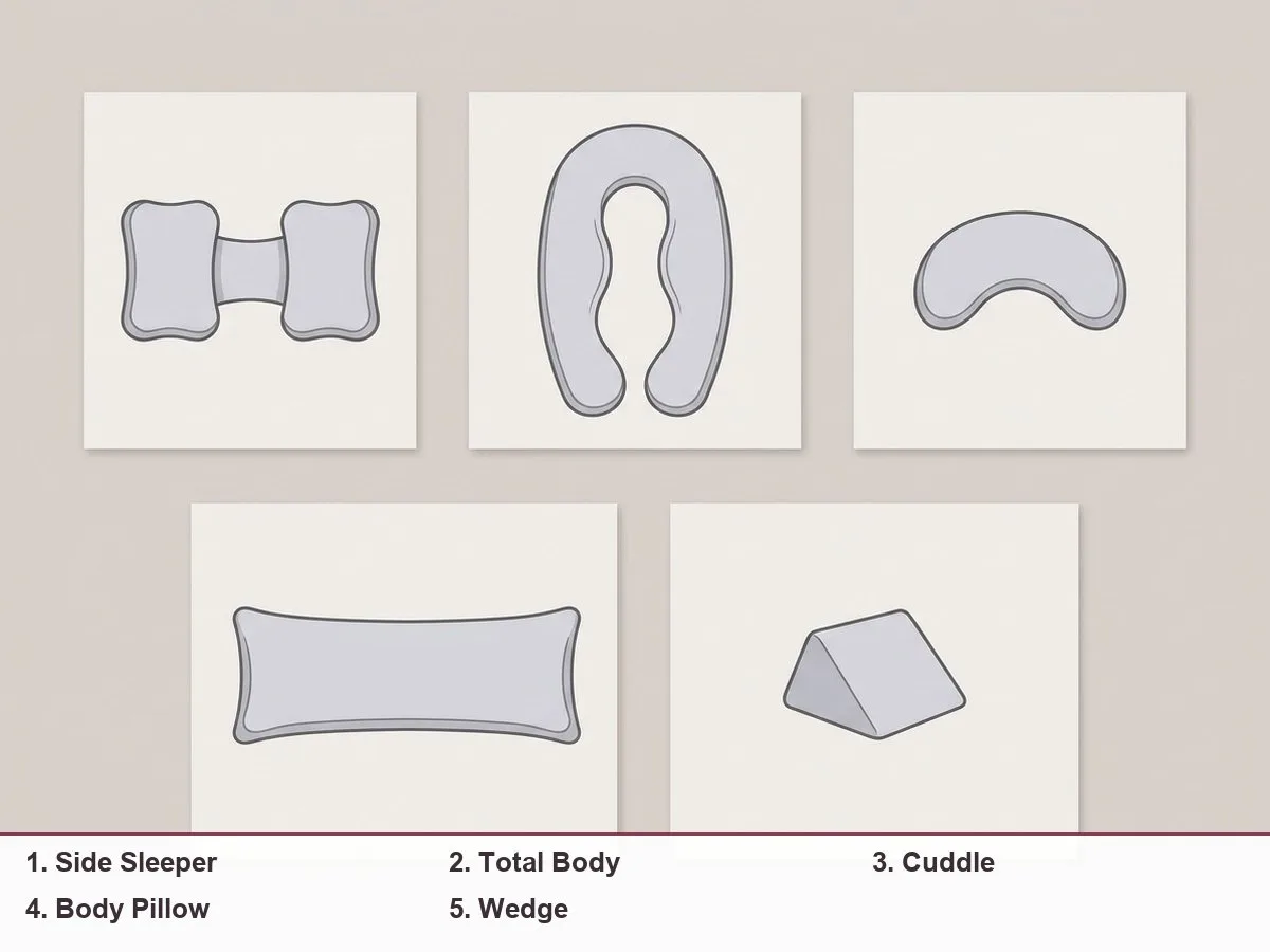 Illustration of five pregnancy pillow outlines seen from above: two small pillows joined by a band, a long C shape, a compact curved pillow, a straight body pillow and a small wedge