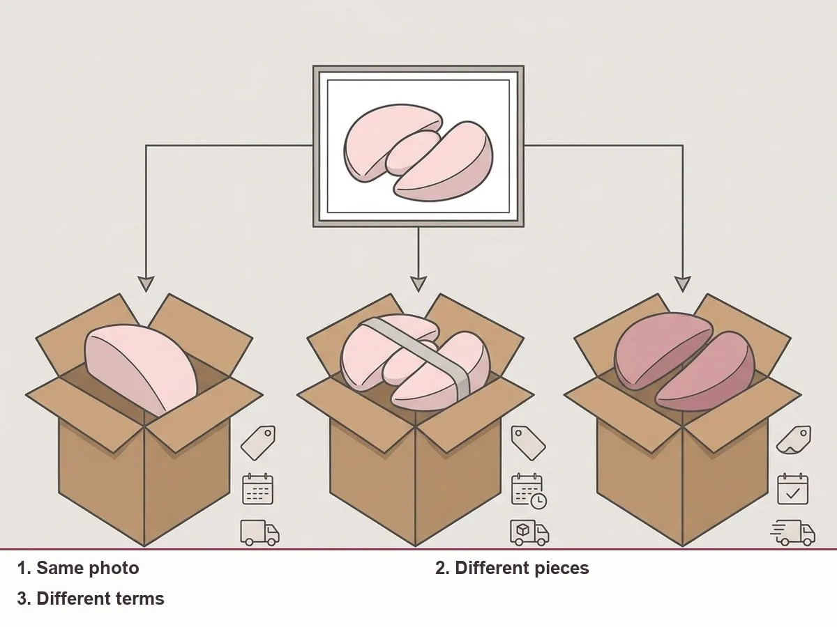Illustration of one product photo linked to three different boxes, each with a different number of pieces, label and return calendar