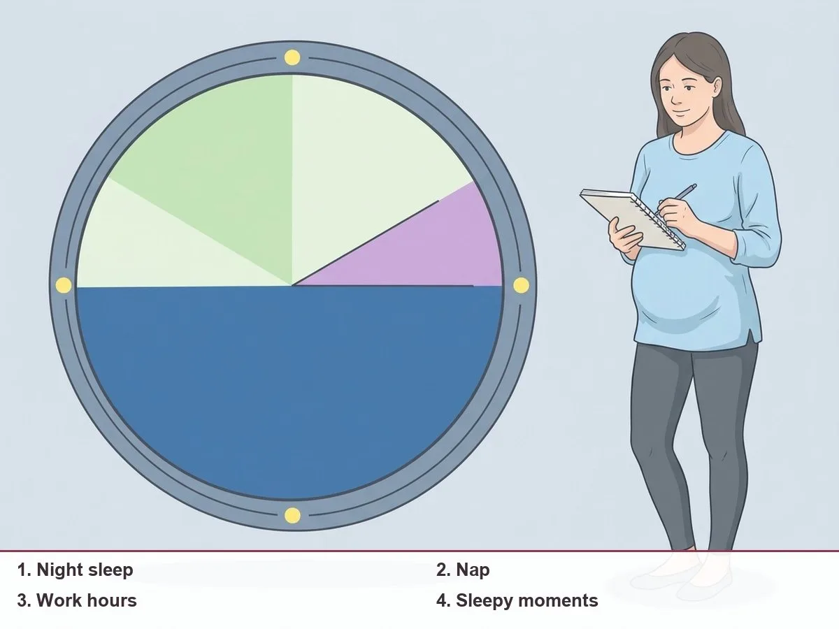 Illustration of a 24-hour clock face shaded into night sleep, a short nap, work hours and sleepy moments, beside a pregnant woman holding a notebook