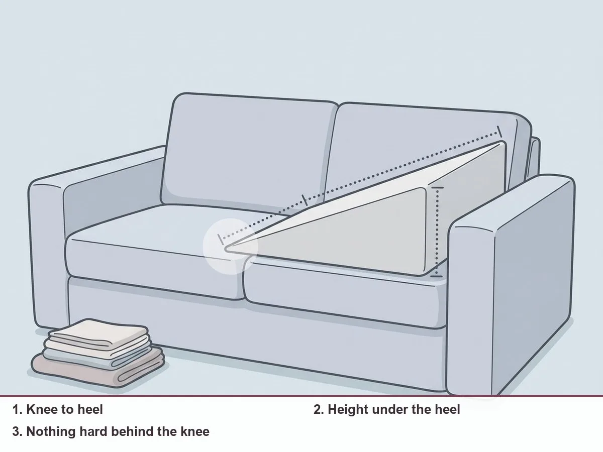 Illustration of a pregnant woman resting on a sofa with her calves on a sloped leg pillow, with dotted lines showing knee-to-heel length and pillow height