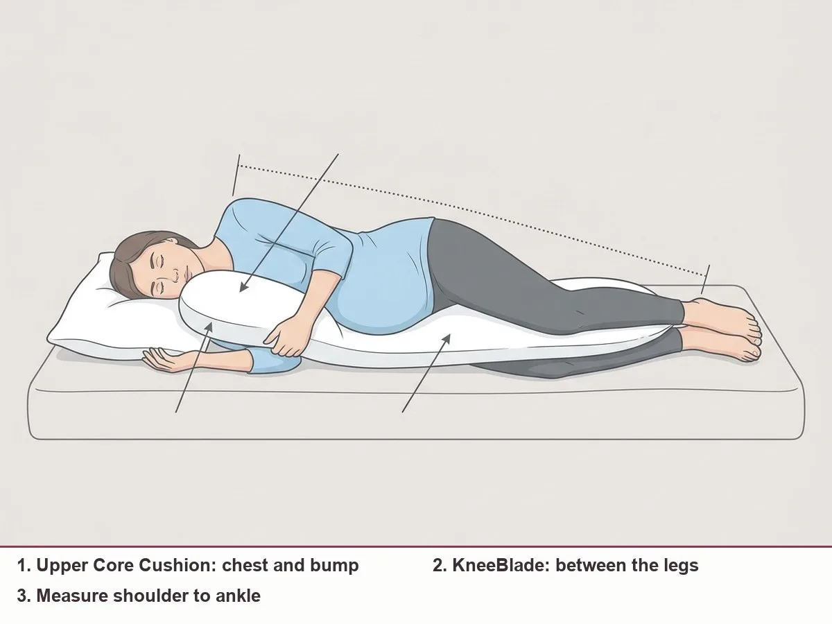 Diagram of a side-lying pregnant woman with a long body pillow, upper cushion at the chest and a blade-shaped section between the legs, with a measuring line from shoulder to ankle