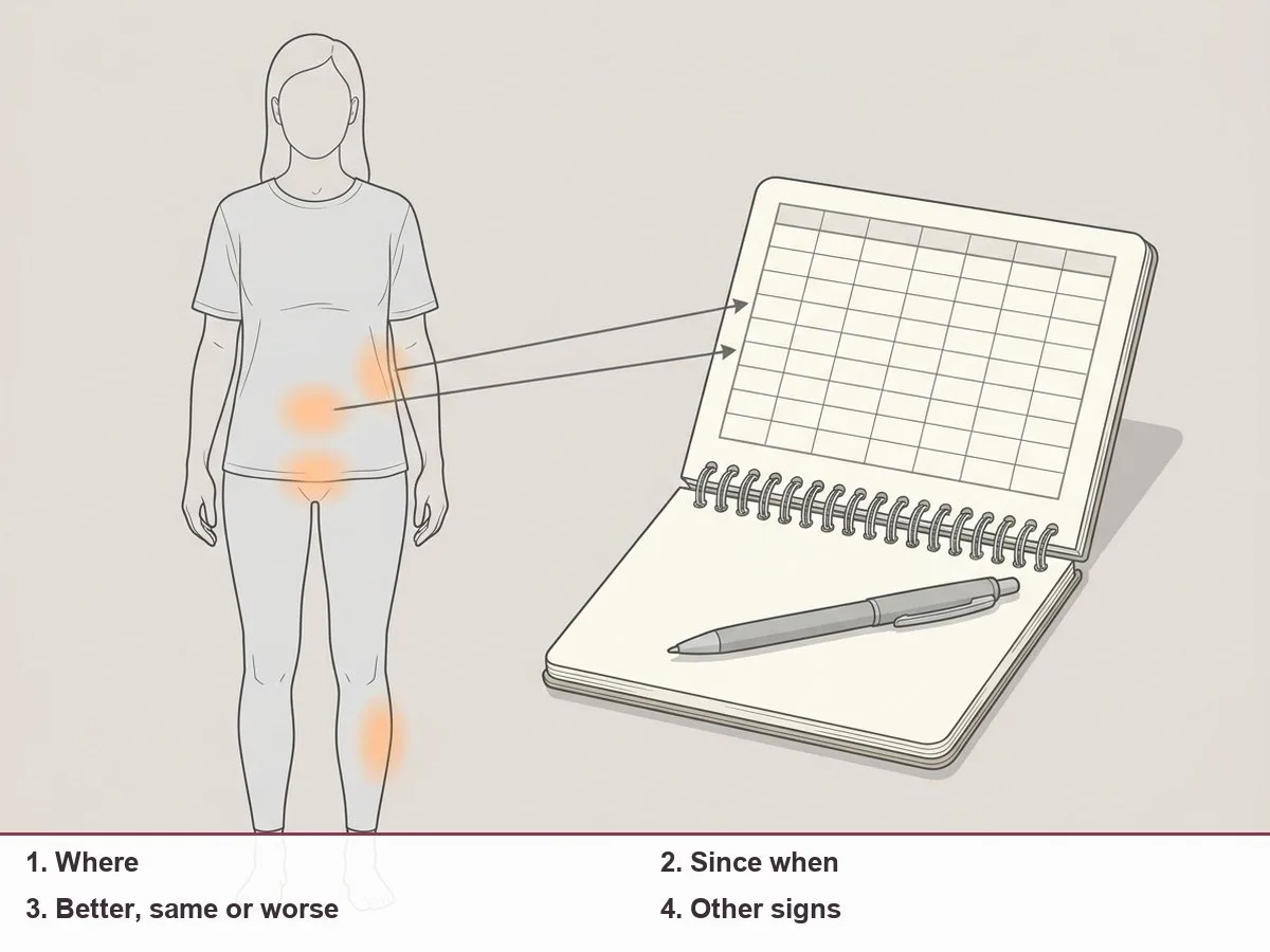 Illustration of an open notebook with an empty ruled grid next to a simple outline of a woman's body with soft highlighted zones at the belly, lower back, pelvis and one calf