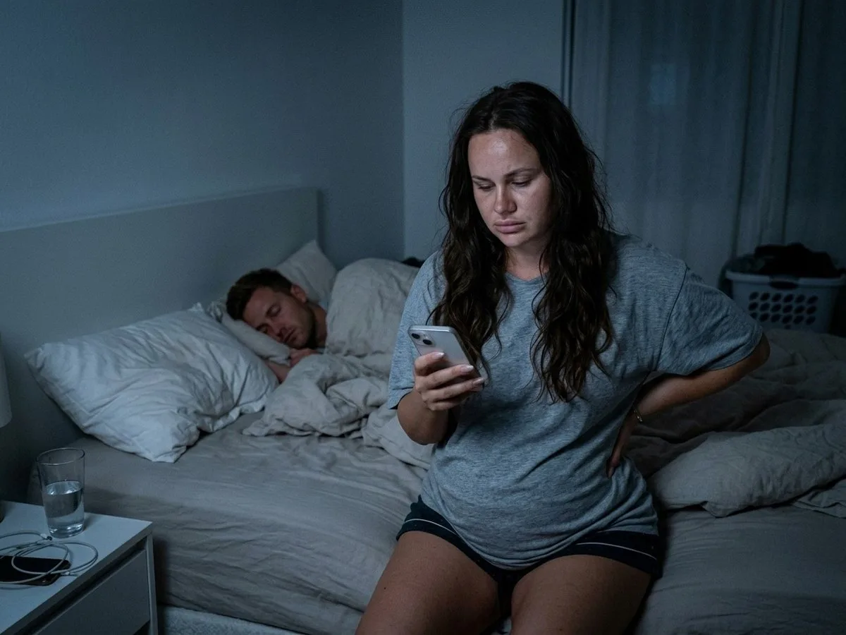Pregnant woman sitting on the edge of her bed at night with one hand on her lower back, frowning at her phone while her partner sleeps