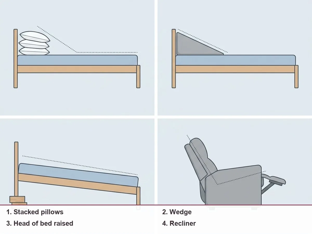 Illustration of four ways to raise the upper body in pregnancy: stacked pillows, a wedge, a bed raised at the head end, and a recliner chair