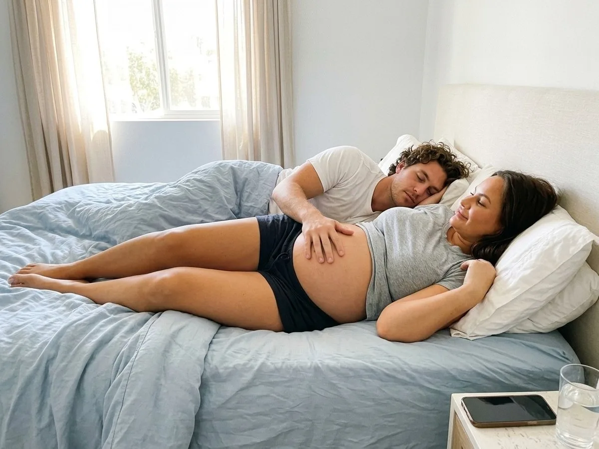 Sunny Saturday morning, a pregnant woman smiling on her side in a shared bed while her partner rests his hand on her bump