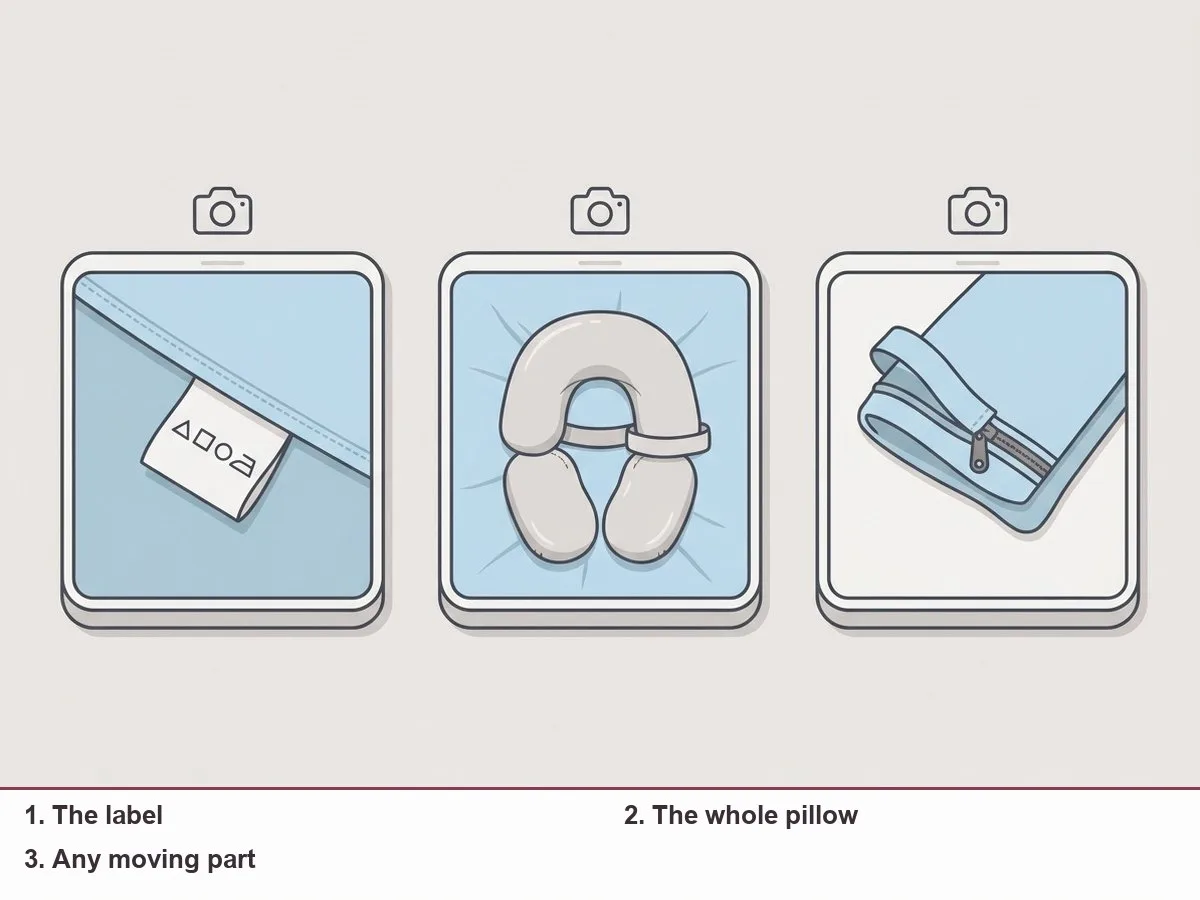 Illustration of the three photos to take: a close-up of a sewn-in care label, a whole pillow laid flat from above, and a close-up of a strap or zip
