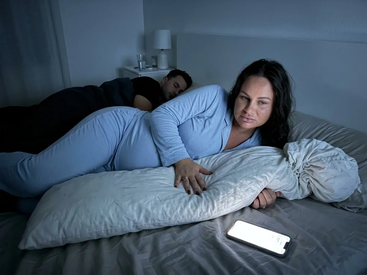 Tired pregnant woman awake at night punching a flat, lumpy long pillow under her bump