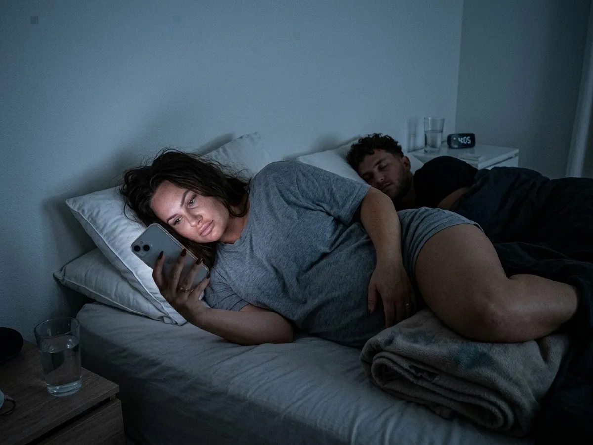 Pregnant woman in her second trimester awake at 4 a.m., lying half twisted in bed with a folded blanket under her small bump, looking at her phone