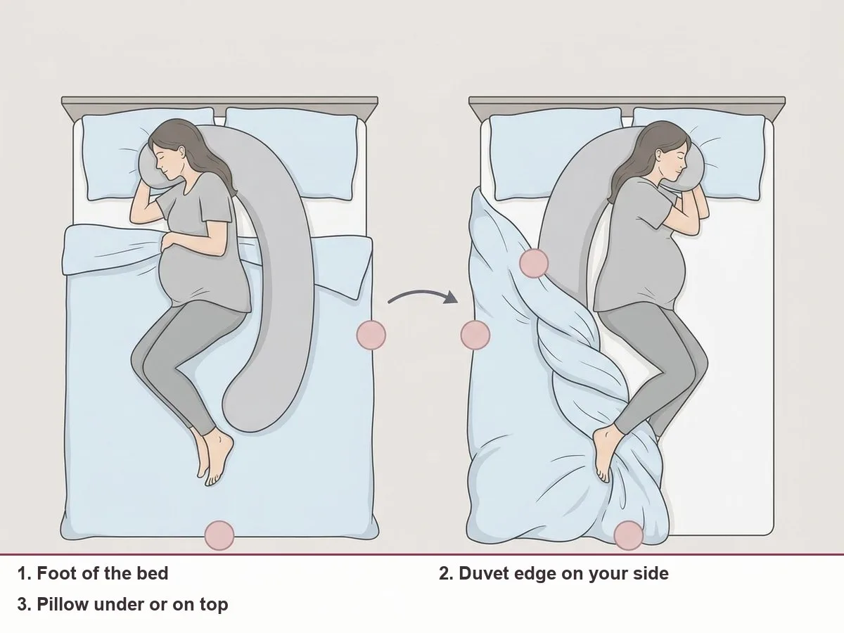 Top-view diagram of a bed before and after one turn, with three circled check spots: the foot of the bed, the duvet edge and the pillow under or over the duvet