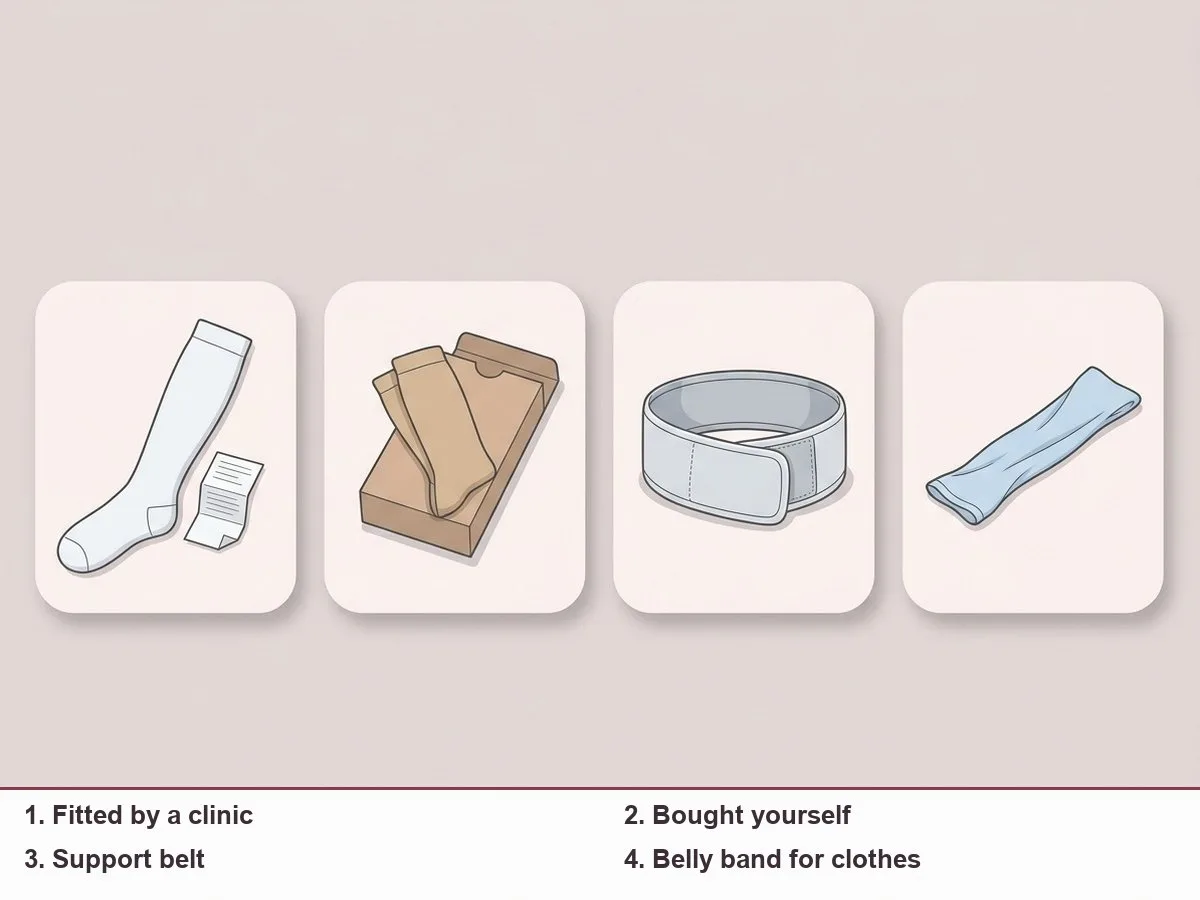 Illustration of four items laid out side by side: a fitted medical stocking with a leaflet, a boxed pair of compression socks, a wide pelvic support belt and a thin stretchy belly band