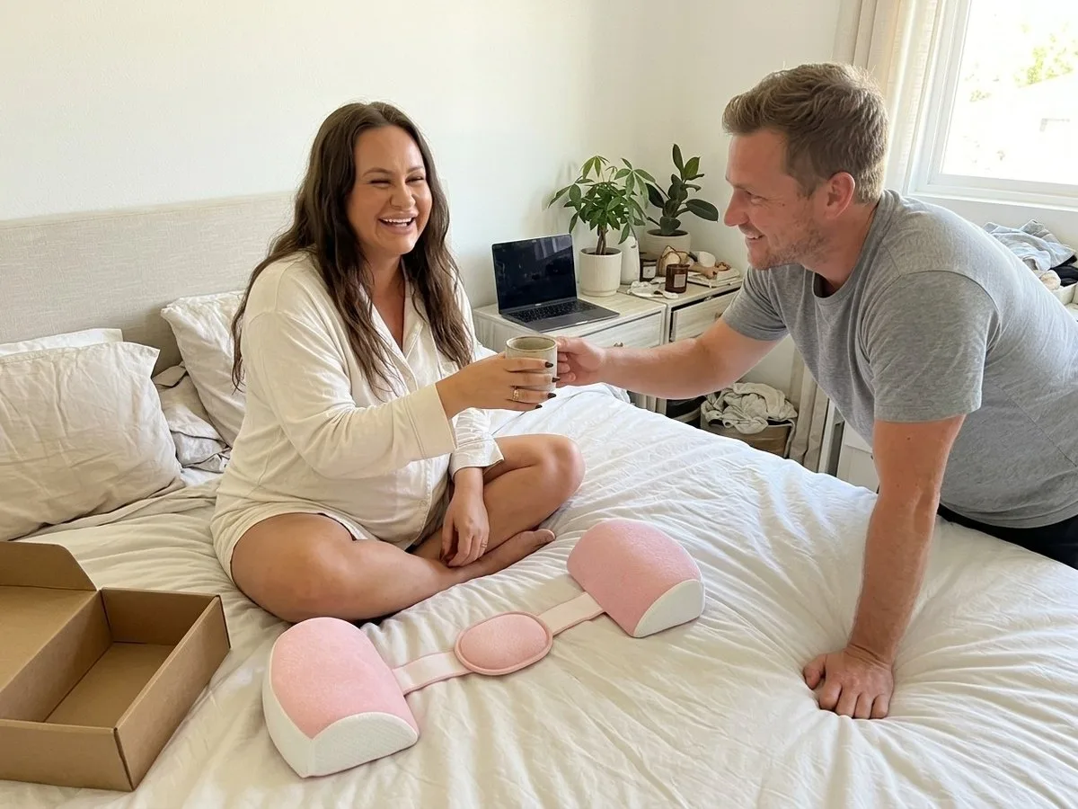 Bright morning, smiling pregnant woman sitting up in bed with three pink pillow pieces laid out beside her, her partner bringing her a mug