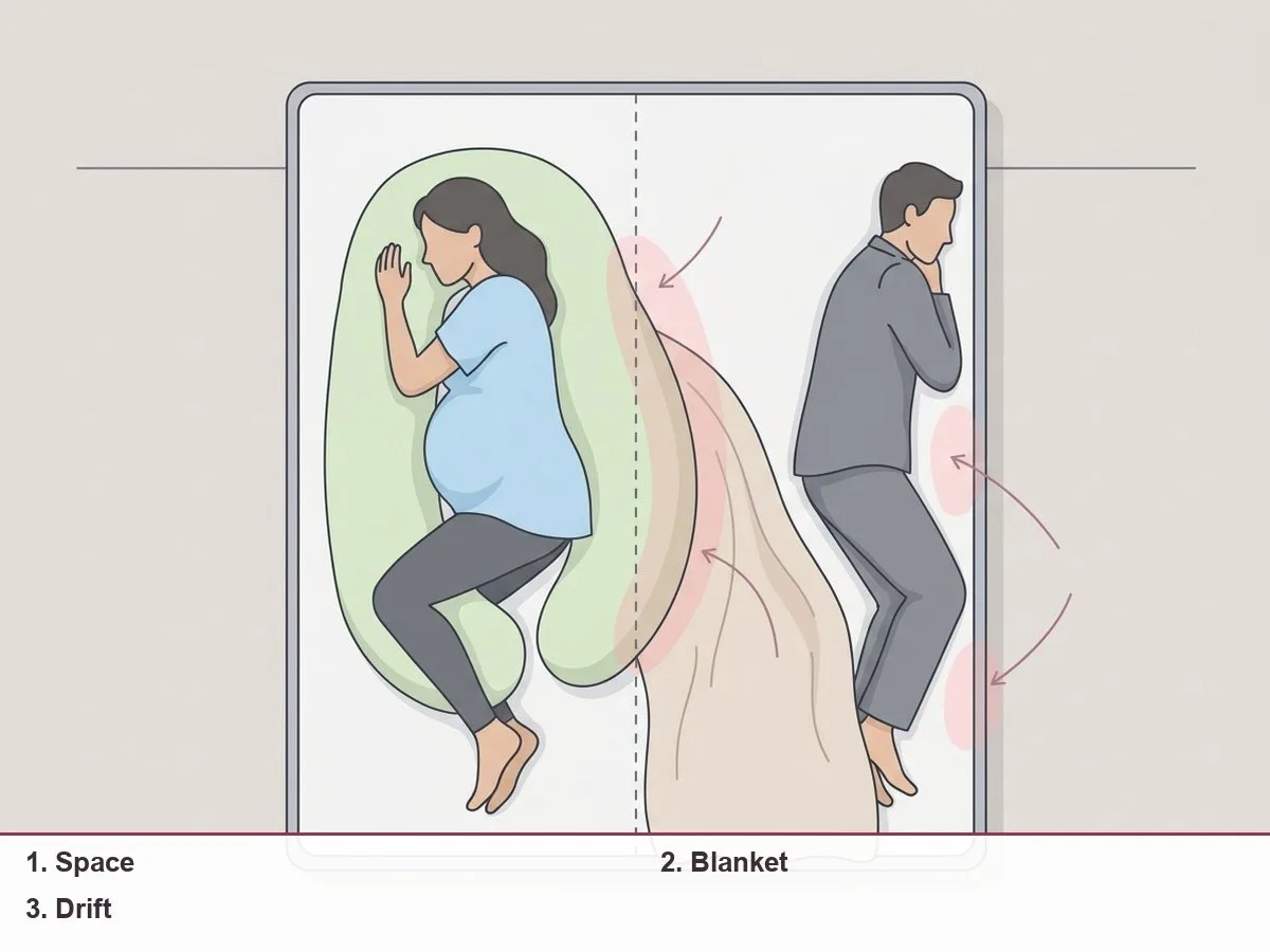 Top-down illustration of a queen bed shared by a pregnant woman and her partner, showing three problem zones: space, a pulled blanket and pillow drift across the middle line