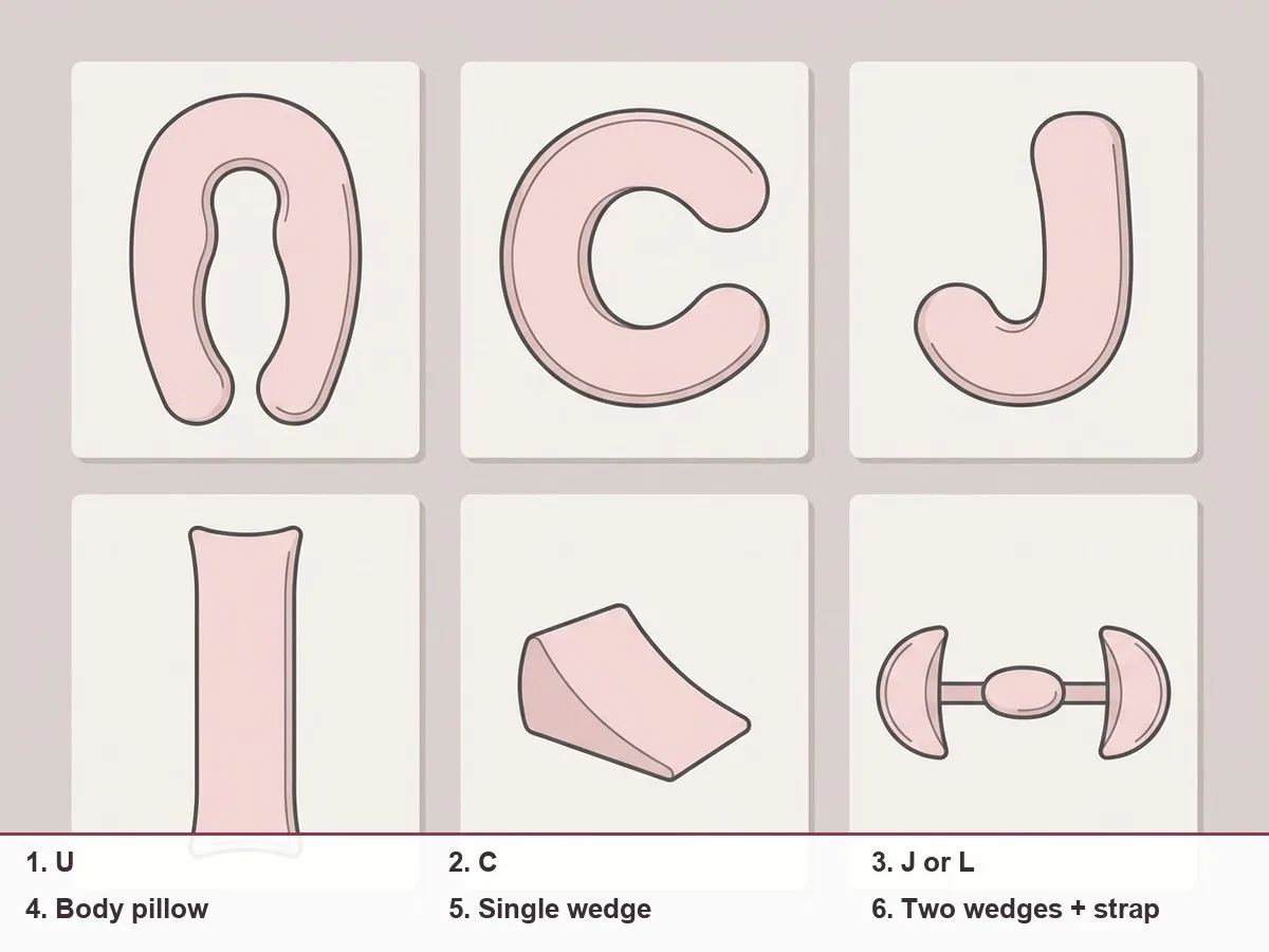 Illustration of six pregnancy pillow outlines seen from above: U, C, J, a long straight body pillow, a single wedge and two wedges joined by a strap